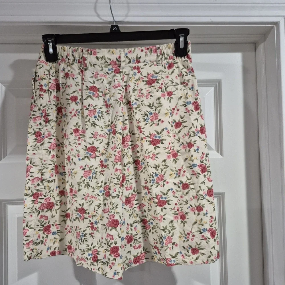 Vintage Shorts Womens 10 Cream Floral Linen‎ Blend High Rise Pleated Cottagecore